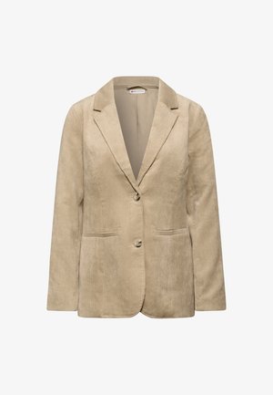 Beige corduroy blazer with notch lapels, two buttons, two front pockets, and long sleeves, displayed on a white background.