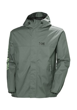 Green waterproof jacket with a hood, zippered pockets, elastic cuffs, and a printed logo on the chest and sleeve. Smooth texture.