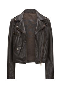 Schwarze Leder-Bikerjacke mit Reißverschluss vorne, zwei seitlichen Taschen und gefüttert mit einem Sternmuster. Mit Revers und goldfarbenen Hardware-Akzenten.