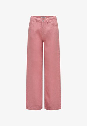 Vaqueros de denim rosa de pierna recta y cintura alta con bolsillos delanteros, trabillas y cierre de botón.