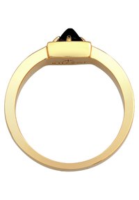 Gold-tone metal ring featuring a triangular black stone setting. Smooth band with a shiny finish and engraved logo on the inner side.