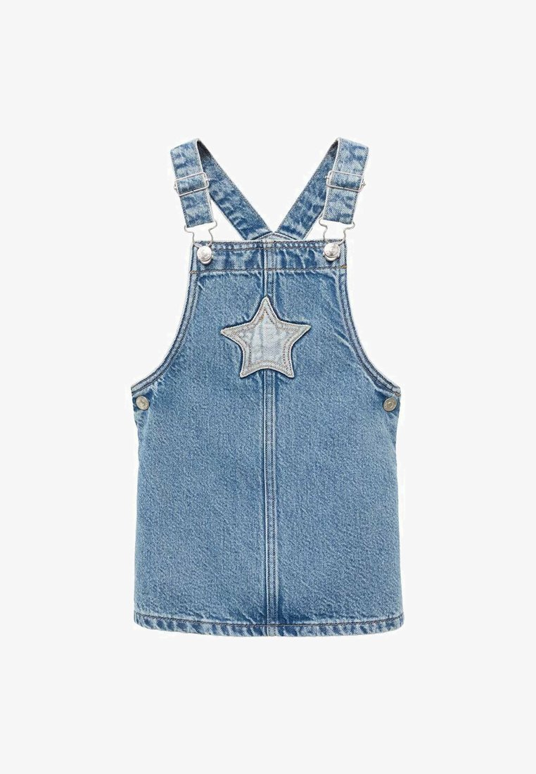 Denim overall obleka v svetlo modri barvi, z nastavljivimi naramnicami, srebrnimi dodatki in zvezdasto nalepko na sprednjem središču.