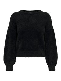 Black, fuzzy pullover sweater with long, slightly puffed sleeves and a round neckline. Features a ribbed hem and cuffs.
