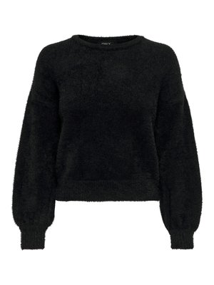 Sort, fuzzy pullover sweater med lange, let puffede ærmer og rund halsudskæring. Har ribbet kant og manschetter.