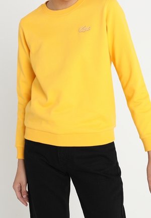 Persoon draagt een effen gele trui met lange mouwen, met een klein geborduurd krokodillenlogo op de borst en zwarte broek.