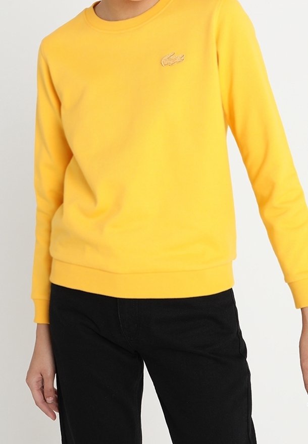 Personne portant un sweat-shirt jaune uni à manches longues avec un petit logo de crocodile brodé sur la poitrine et un pantalon noir.