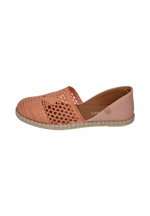 Women's casual slip-on shoe in light coral with open knit front and canvas back, featuring a braided jute sole.