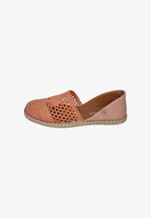 Women's casual slip-on shoe in light coral with open knit front and canvas back, featuring a braided jute sole.