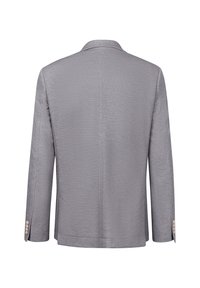 Grauer Blazer aus strukturiertem Stoff, mit Reverskragen und langen Ärmeln. Verfügt über geknöpfte Manschetten und eine taillierte Passform, die ein strukturiertes Design betont.