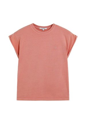 Camiseta de algodón rosa con mangas cortas, corte relajado, escote redondo y pequeño logo en la parte frontal. Textura suave, diseño minimalista.