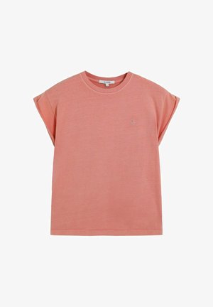 Camiseta de algodón rosa con mangas cortas, corte relajado, escote redondo y pequeño logo en la parte frontal. Textura suave, diseño minimalista.