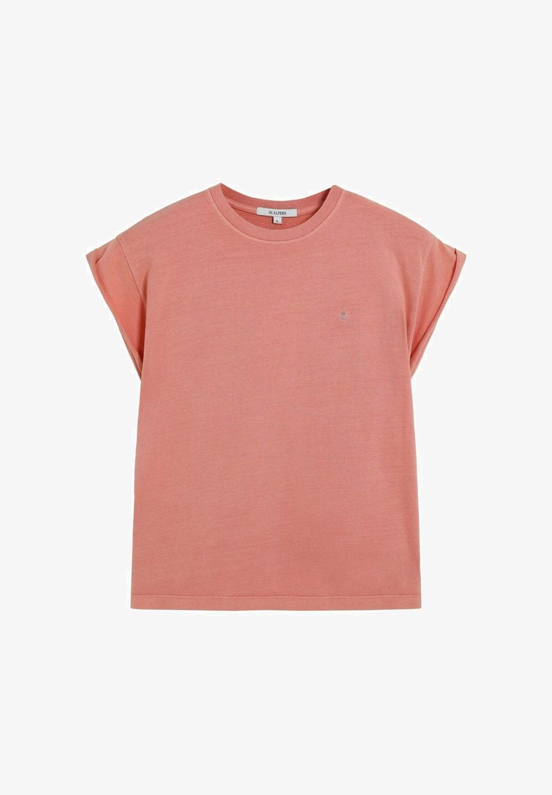 Pink cotton t-shirt with short sleeves, relaxed fit, round neckline, and small logo detail on the front. Soft texture, minimal design.