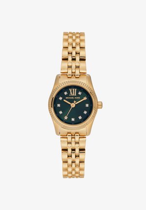 Orologio Michael Kors in tonalità oro con quadrante verde, marcatori delle ore in cristallo, lunetta rigata e bracciale a maglie.