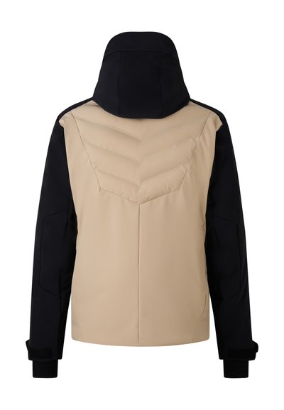 Gevoerde jas met een beige torso met chevronstiksels, zwarte mouwen en een capuchon. Gladde textuur met verstelbare manchetten en zijzakken.