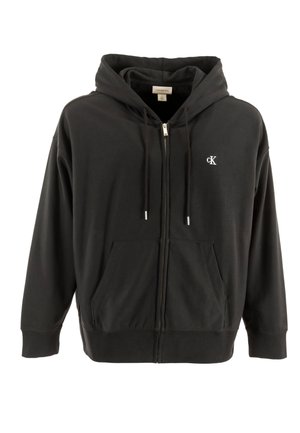 Czarna bluza z kapturem na zamek, wykonana z bawełny, z kapturem regulowanym sznurkiem, przednią kieszenią typu kangur oraz małym białym logo na piersi.