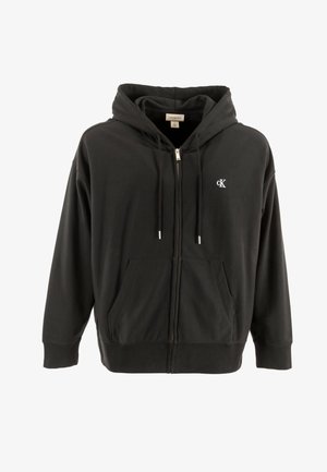 Zwarte rits hoodie gemaakt van katoen, met een trekkoordcapuchon, een voorste kangoeroezak en een klein wit logo op de borst.