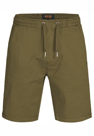 Olijfgroene heren casual shorts met elastische tailleband, aantrekkoord, zijzakken en merklabel op de tailleband.