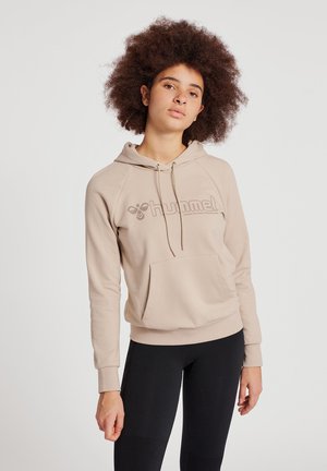 Beige hoodie met een voorzak, verstelbare koordjes en raglanmouwen. Beschikt over een tonale logo op de borst en een zachte textuur.