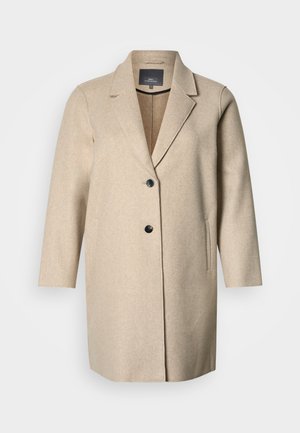 Beige kåpe i ullblanding med hakket slag, enkelt knappelukking, to fremre lommer og trekvartlange ermer.