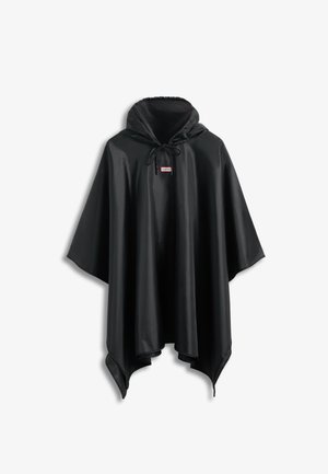 Črni vodoodporni dežni pončo s kapuco, z zategovalnim vrvico in majhnim rdeče-belim logotipom Hunter na sprednji strani prsnega koša.