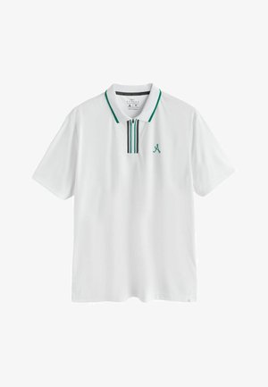 Valge lühikeste varrukatega polo-särk roheliste triipude jaotustega krae ja luku piirkonnas, väikese rohelise tikandlogo rinnal.