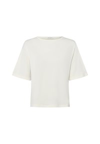 Weißes Kurzarm-T-Shirt mit rundem Ausschnitt, aus weichem, glattem Stoff gefertigt. Einfaches Design und lockere Passform, ohne sichtbare Muster oder Akzente.