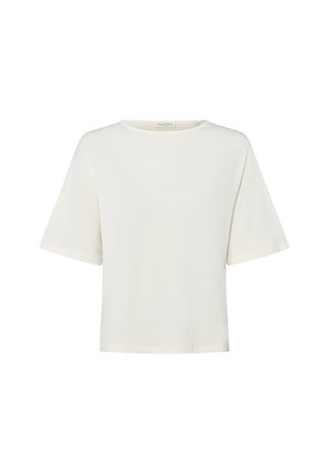 White short-sleeve T-shirt with a rounded neckline, made from soft, smooth fabric. Simple design and relaxed fit, with no visible patterns or accents.