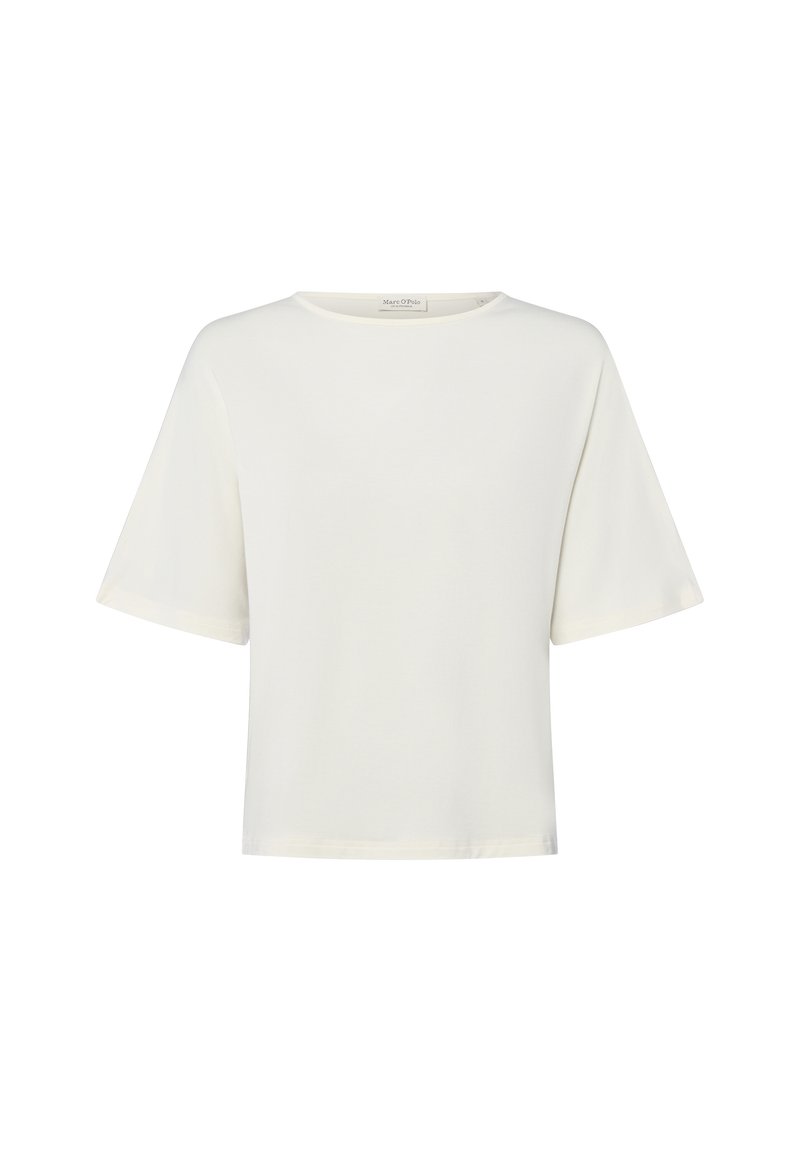 Weißes Kurzarm-T-Shirt mit rundem Ausschnitt, aus weichem, glattem Stoff gefertigt. Einfaches Design und lockere Passform, ohne sichtbare Muster oder Akzente.