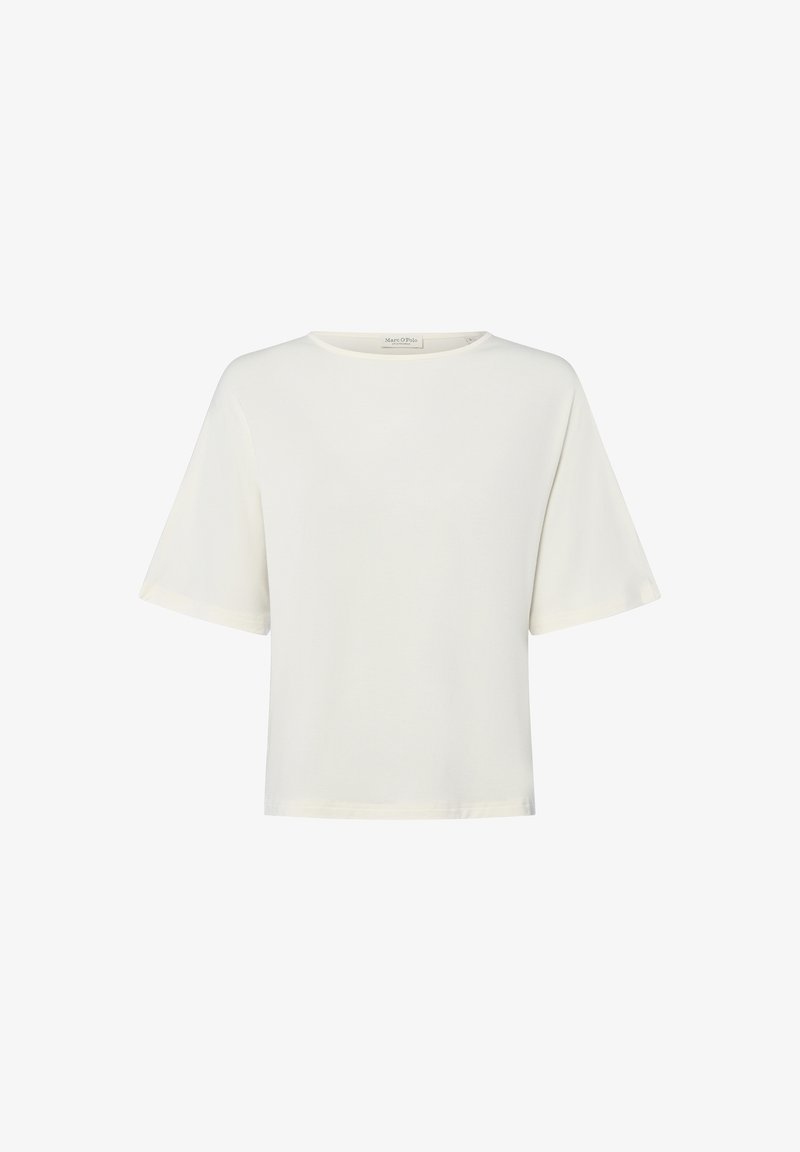 Weißes Kurzarm-T-Shirt mit rundem Ausschnitt, aus weichem, glattem Stoff gefertigt. Einfaches Design und lockere Passform, ohne sichtbare Muster oder Akzente.