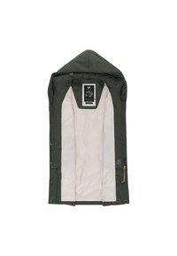 Kapuzensweatjacke in Dunkelgrün mit weichem weißen Innenfutter, seitlichem Reißverschluss und gebrandetem Etikett mit Blumendesign. Glattes, wasserabweisendes Material.