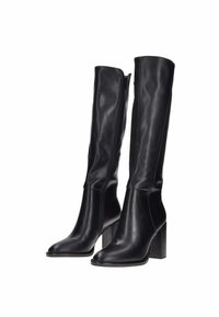 Stivali neri al ginocchio in pelle liscia, con tacco a blocco, punta affusolata e cerniera laterale per la chiusura.