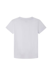 Biała bawełniana koszulka z krótkim rękawem, okrągłym dekoltem i prostym wzorem, z detalami szycia przy kołnierzyku.