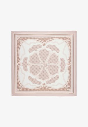 Foulard carré en soie avec un motif beige et blanc présentant un motif floral central et des détails en maillons de chaîne le long de la bordure.