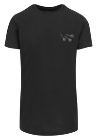 Black cotton t-shirt with short sleeves and a crew neck. Features a small gray dart design on the left chest area.