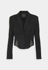 Black cropped blazer made from smooth fabric, featuring a structured design with tailored lapels, long sleeves, and mesh side panels.