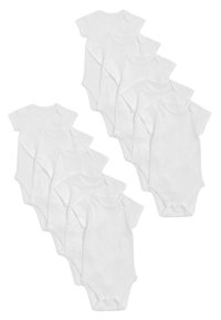 Set med tio vita kortärmade babybodysuits gjorda av mjuk bomull, med rund halsringning och tryckknappar i botten för enkel påklädning.