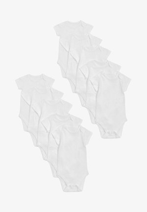 Set van tien witte babyrompers met korte mouwen, gemaakt van zachte katoen, met een ronde halslijn en drukknoopjes aan de onderkant voor gemakkelijk aankleden.