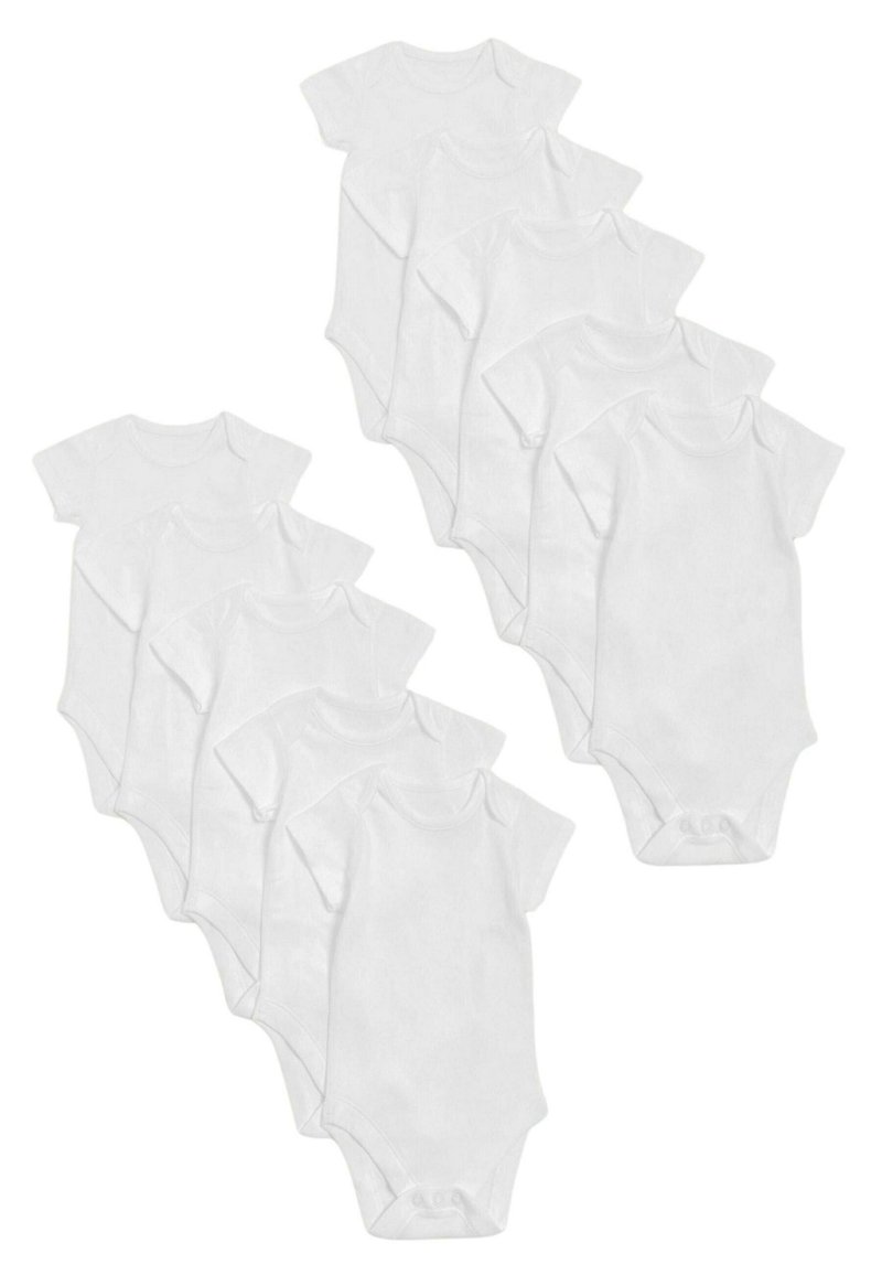 Set med tio vita kortärmade babybodysuits gjorda av mjuk bomull, med rund halsringning och tryckknappar i botten för enkel påklädning.