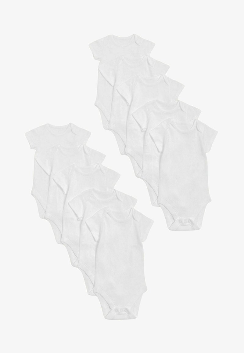 Set van tien witte babyrompers met korte mouwen, gemaakt van zachte katoen, met een ronde halslijn en drukknoopjes aan de onderkant voor gemakkelijk aankleden.