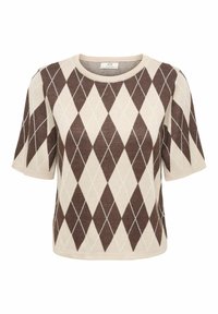 Pull à manches courtes avec motif losanges brun et crème. Doté d'un col rond et d'une texture tricotée lisse.