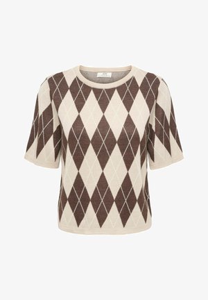 Pull à manches courtes avec motif losanges brun et crème. Doté d'un col rond et d'une texture tricotée lisse.