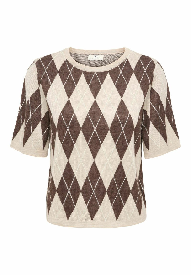 Pull à manches courtes avec motif losanges brun et crème. Doté d'un col rond et d'une texture tricotée lisse.