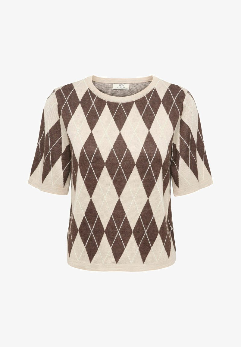 Pull à manches courtes avec motif losanges brun et crème. Doté d'un col rond et d'une texture tricotée lisse.