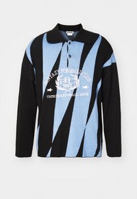 Long-sleeve polo shirt in black and light blue with diagonal stripes, featuring a collar, button placket, and text logo design on front.