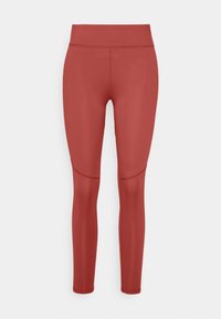 Leggings sportivi rossi con una texture liscia, vita alta e dettagli sui pannelli a ginocchio. Progettati per comfort e flessibilità durante le attività.