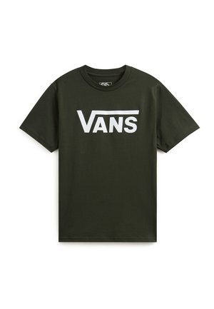 Mörkgrön kortärmad T-shirt med rund halsringning och vit Vans-logga centralt på framsidan.