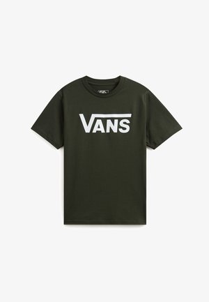 Tmavě zelené tričko s krátkým rukávem a kulatým výstřihem s bílým logem Vans umístěným ve středu na přední straně.