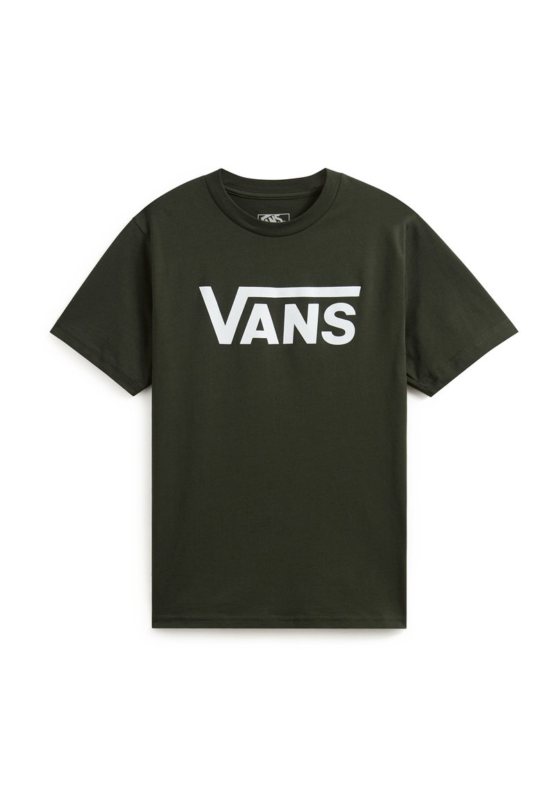 Donkergroene T-shirt met korte mouwen en ronde hals met het witte Vans-logo in het midden van de voorkant.
