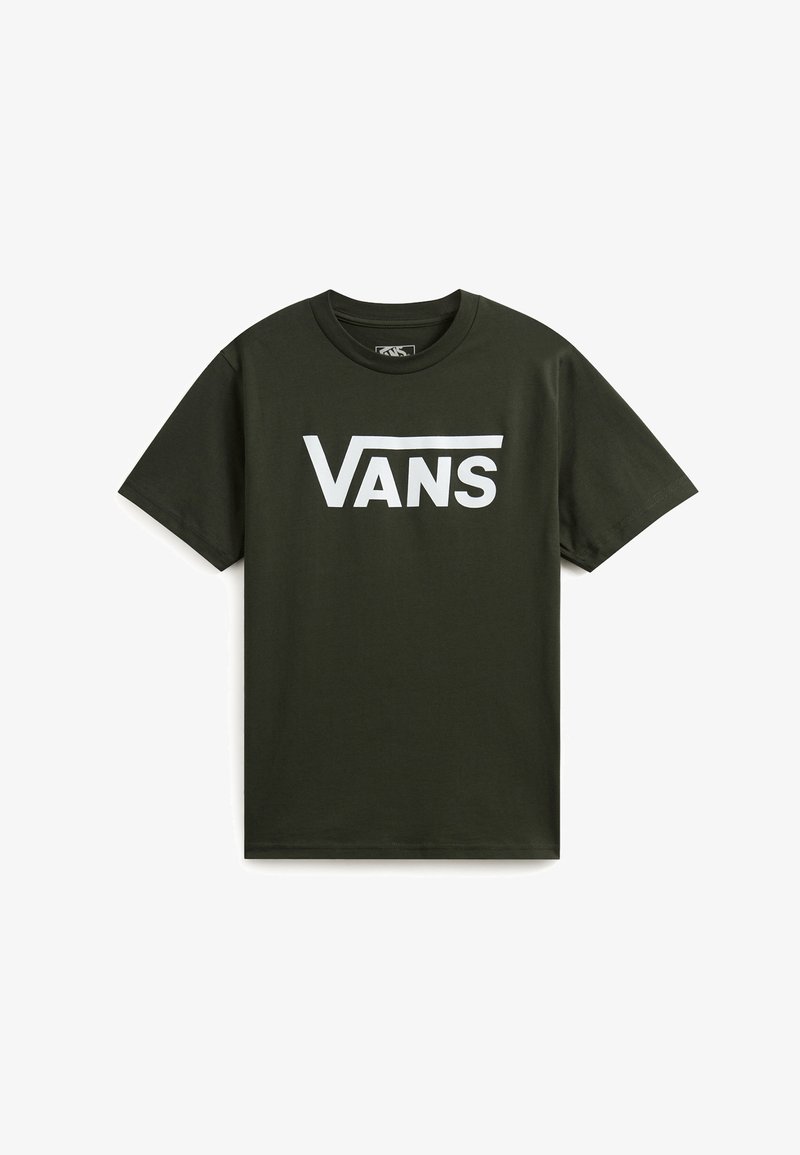 Ciemnozielona koszulka z krótkim rękawem i okrągłym dekoltem z białym logo Vans umieszczonym na środku przodu.