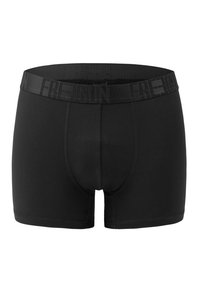 Black boxer shorts made of soft fabric, featuring a wide elastic waistband with the "FRE***UN" logo in a repeating pattern.